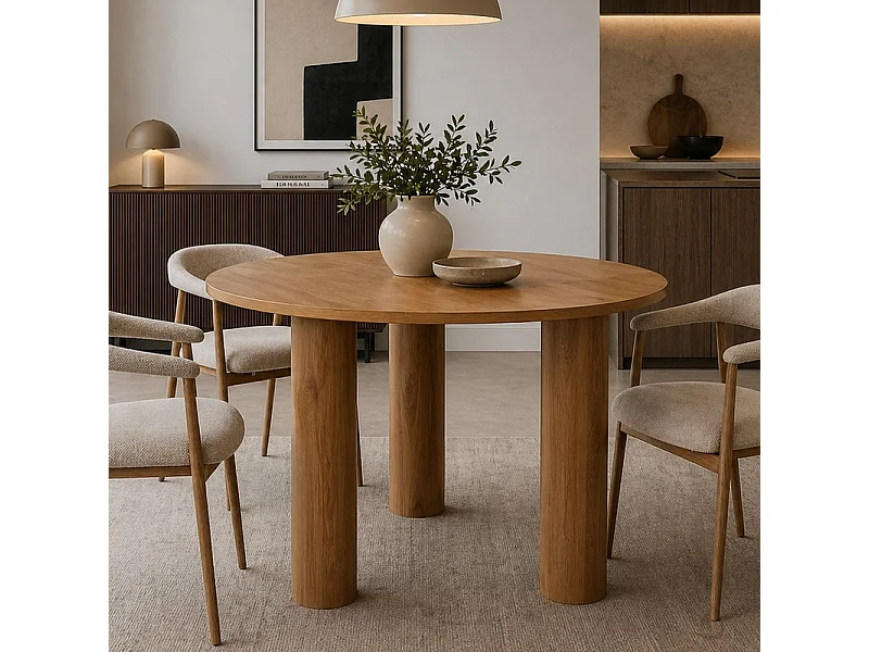 Table à manger ronde 120cm plaqué chêne pieds colonnes Caty