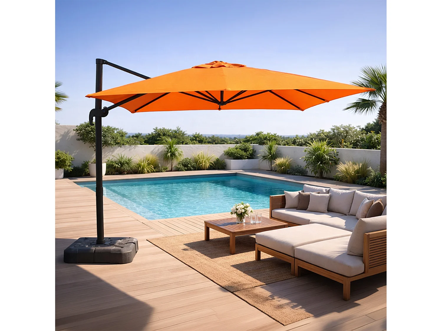 Parasol carré 3x3 déporté rotatif orange en aluminium PALATINO