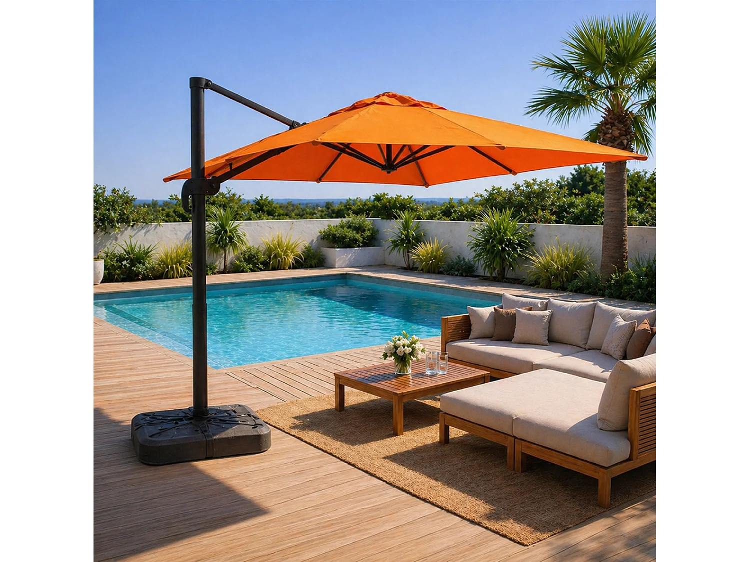Parasol carré 3x3 déporté rotatif orange en aluminium PALATINO