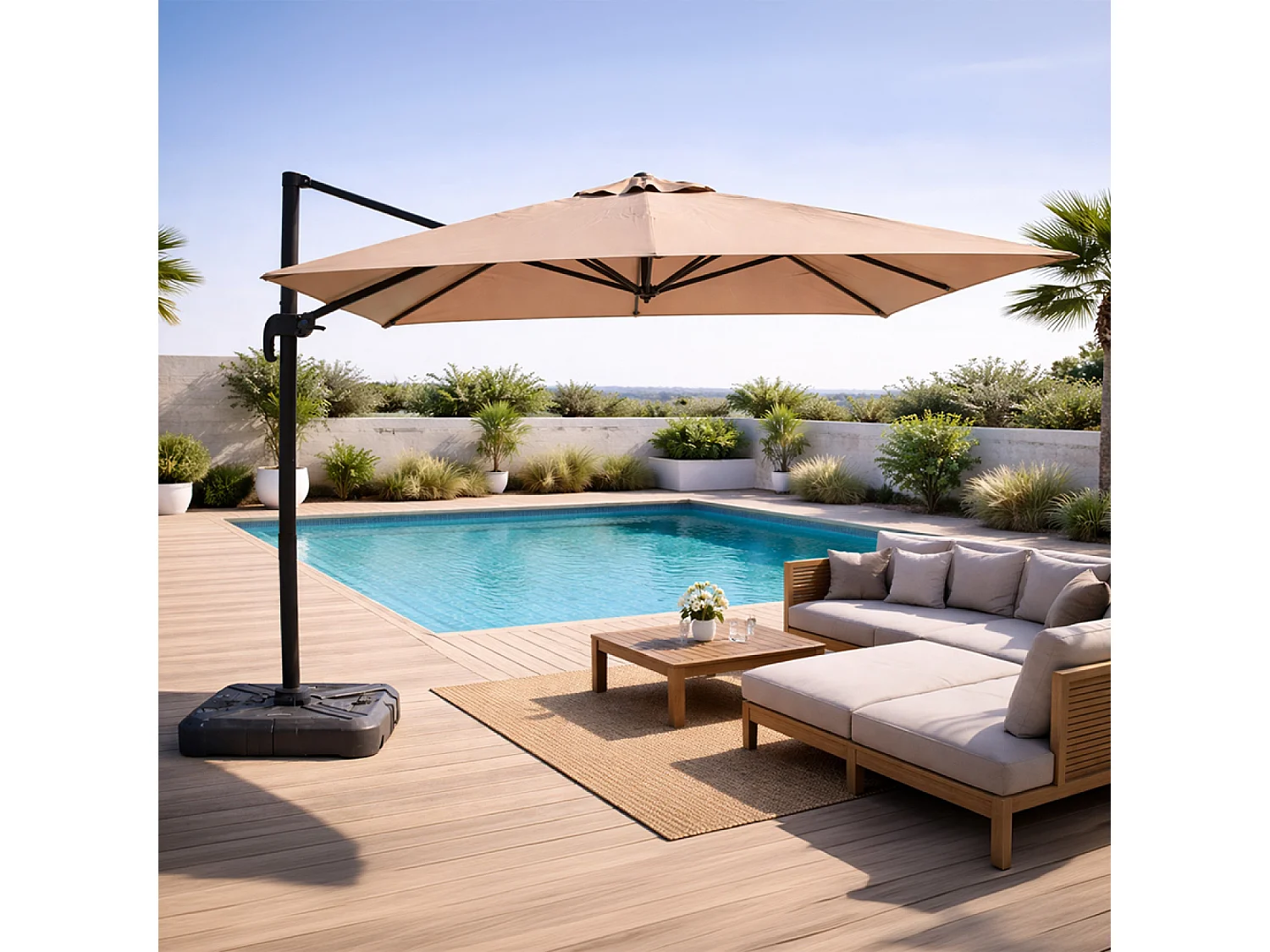 Parasol carré 3x3 déporté rotatif taupe en aluminium PALATINO