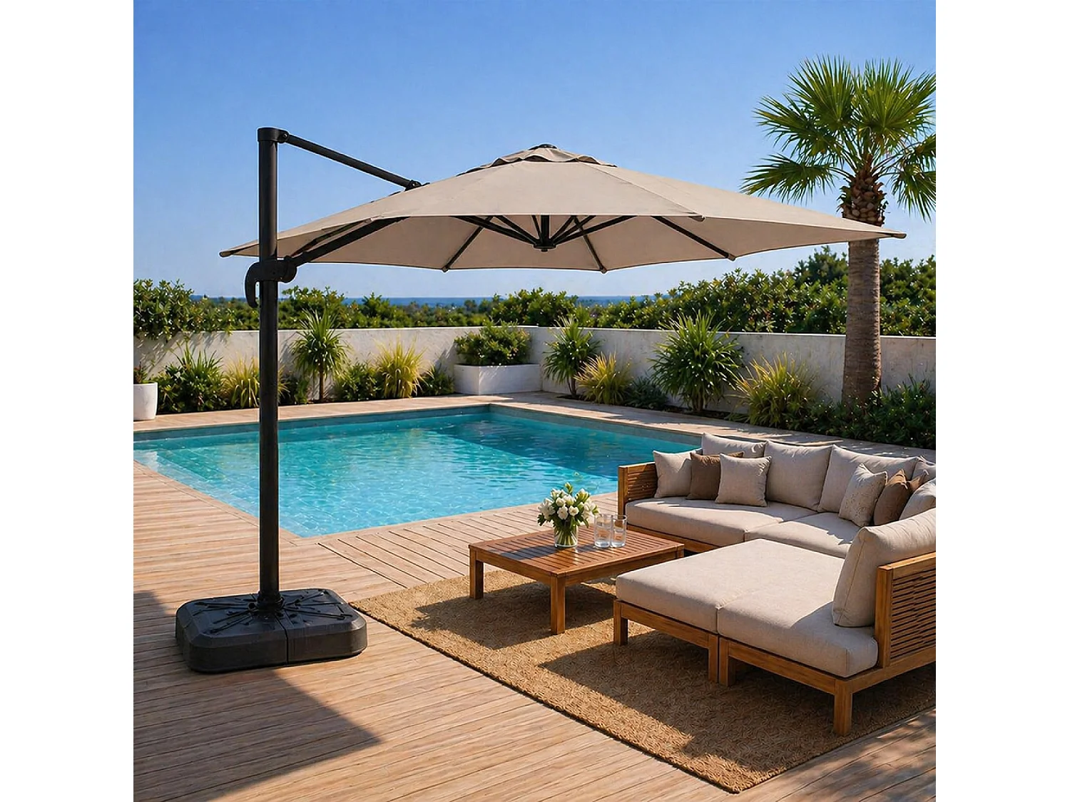 Parasol carré 3x3 déporté rotatif taupe en aluminium PALATINO