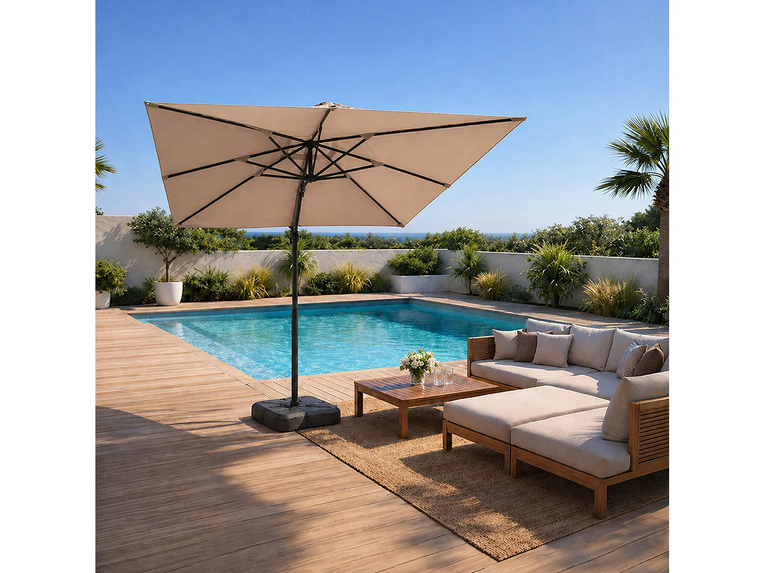 Parasol carré 3x3 déporté rotatif taupe en aluminium PALATINO