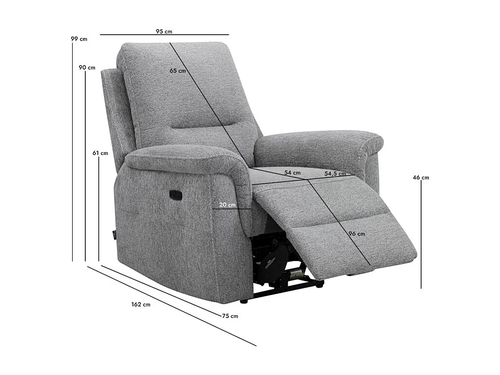 Fauteuil relax électrique en tissu doux gris – LEONIE