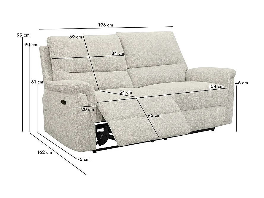 Canapé relax électrique 3 places en tissu doux beige – LEONIE