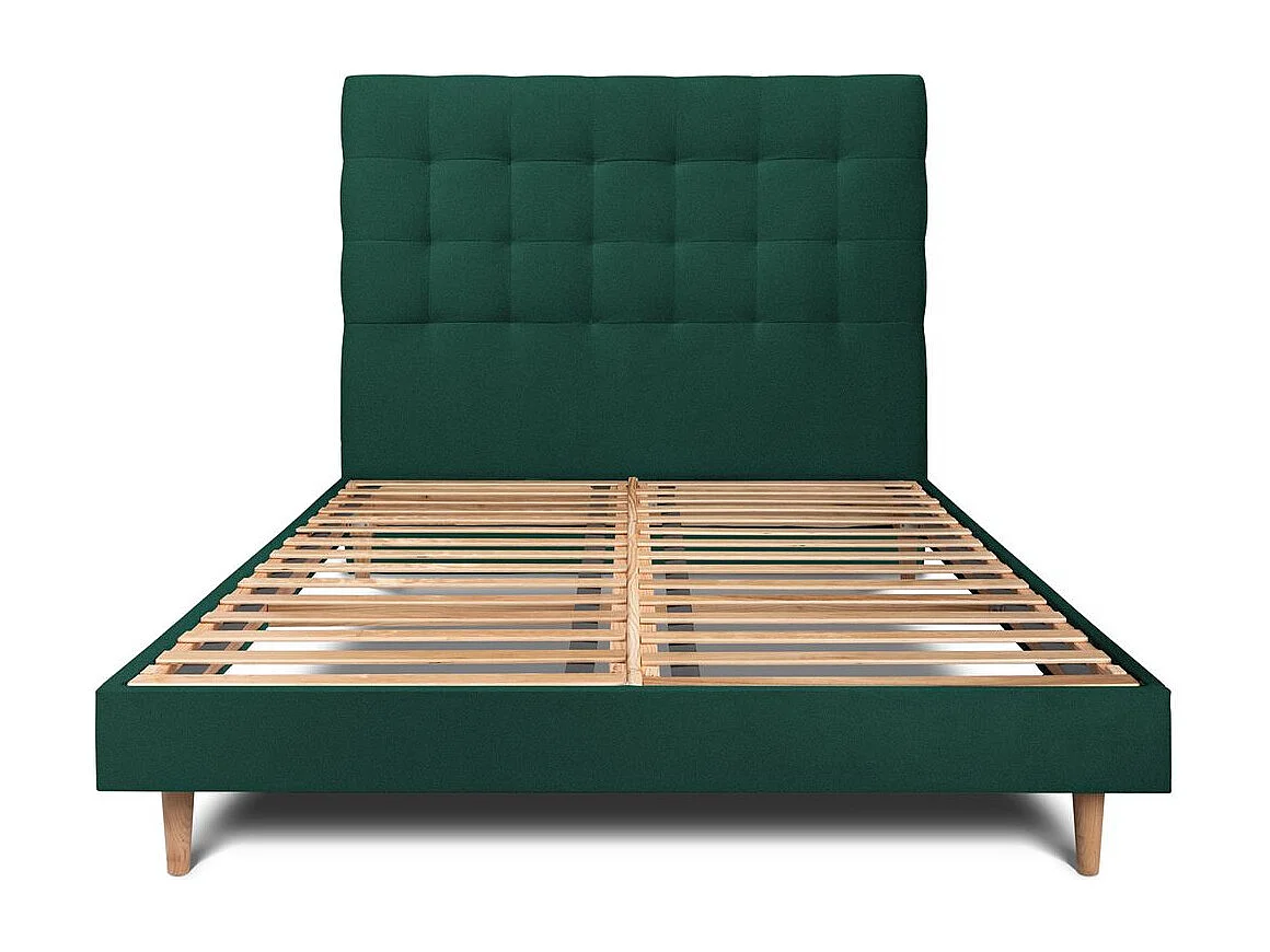Lit 140x190cm avec tête de lit capitonnée velours et sommier kit vert - Hauteur totale : 29cm