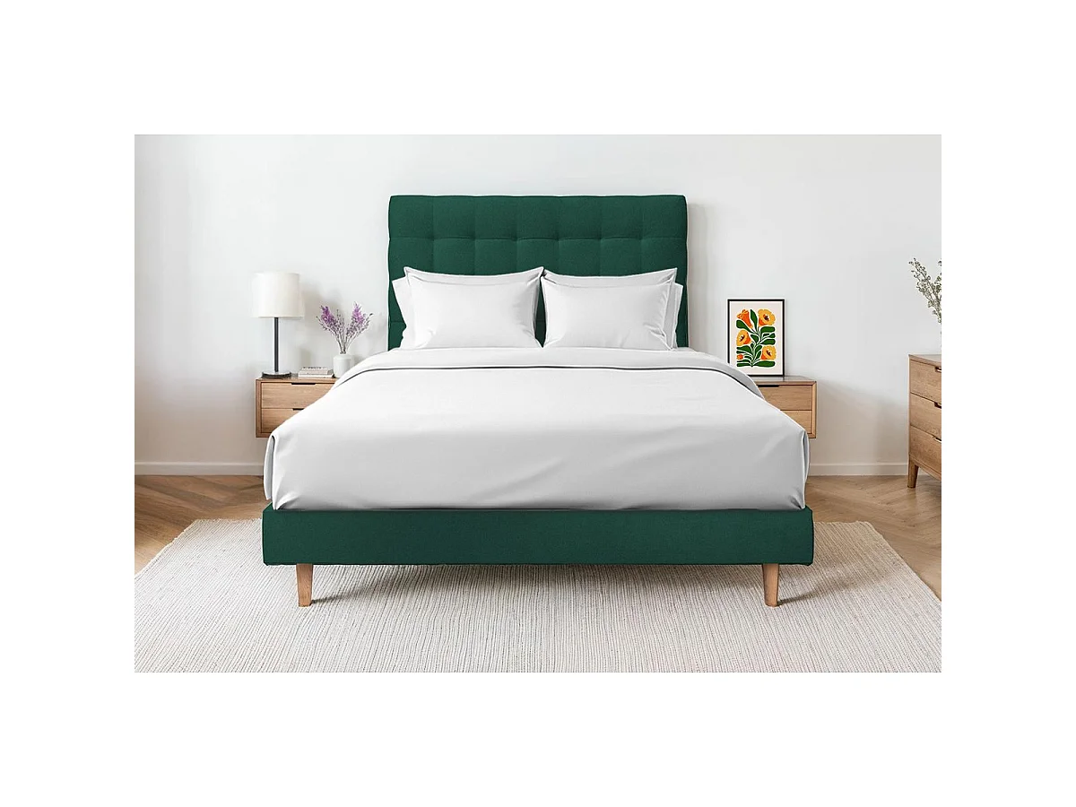 Lit 140x190cm avec tête de lit capitonnée velours et sommier kit vert - Hauteur totale : 29cm