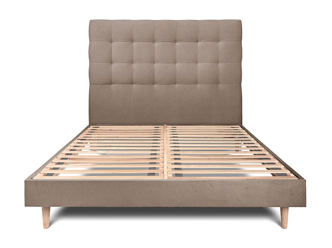 Lit 140x190cm avec tête de lit capitonnée velours et sommier kit taupe - Hauteur totale : 29cm