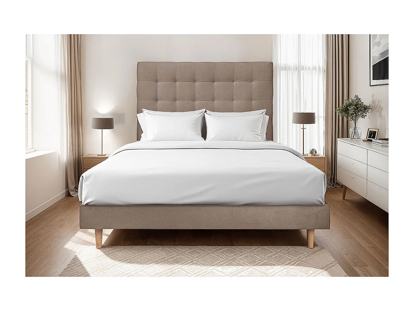 Lit 140x190cm avec tête de lit capitonnée velours et sommier kit taupe - Hauteur totale : 29cm