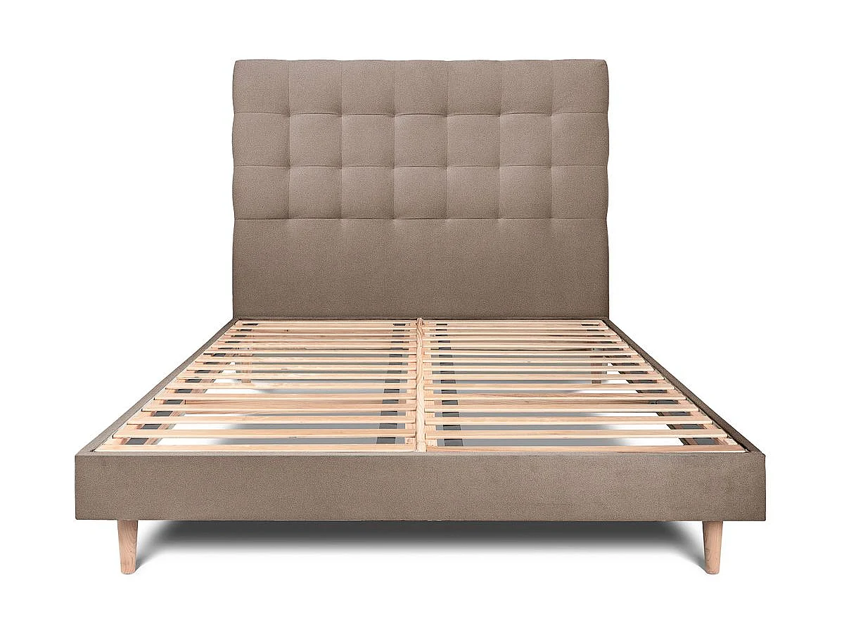 Lit 140x190cm avec tête de lit capitonnée velours et sommier kit taupe - Hauteur totale : 29cm