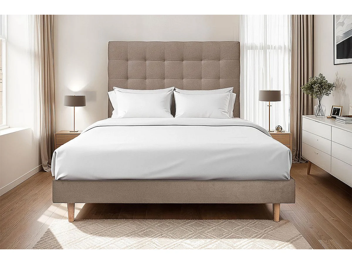 Lit 140x190cm avec tête de lit capitonnée velours et sommier kit taupe - Hauteur totale : 29cm