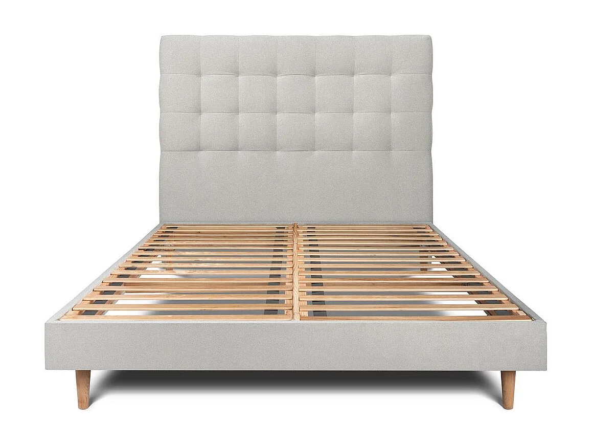 Lit 140x190cm avec tête de lit capitonnée velours et sommier kit gris clair - Hauteur totale : 29cm