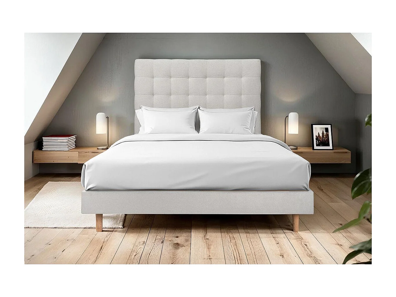 Lit 140x190cm avec tête de lit capitonnée velours et sommier kit gris clair - Hauteur totale : 29cm