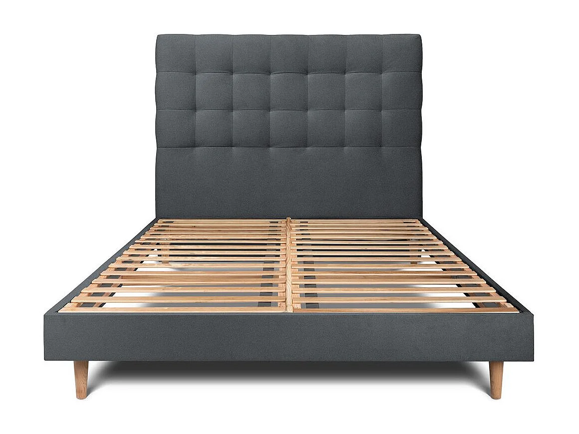 Lit 140x190cm avec tête de lit capitonnée velours et sommier kit gris anthracite - Hauteur totale : 29cm