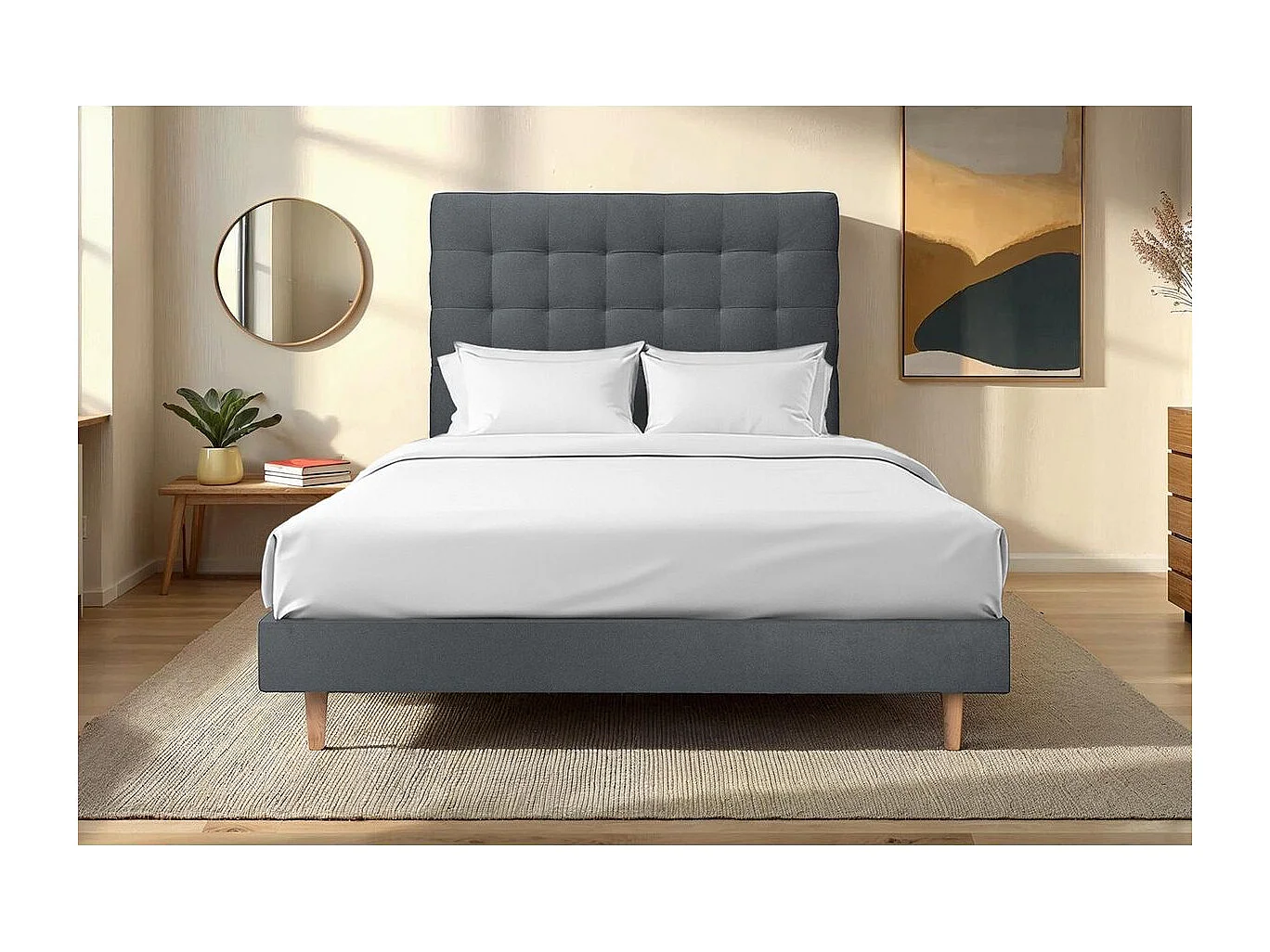 Lit 140x190cm avec tête de lit capitonnée velours et sommier kit gris anthracite - Hauteur totale : 29cm
