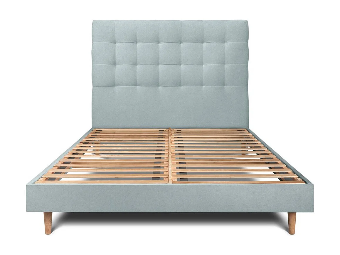 Lit 140x190cm avec tête de lit capitonnée velours et sommier kit Gris bleuté - Hauteur totale : 29cm