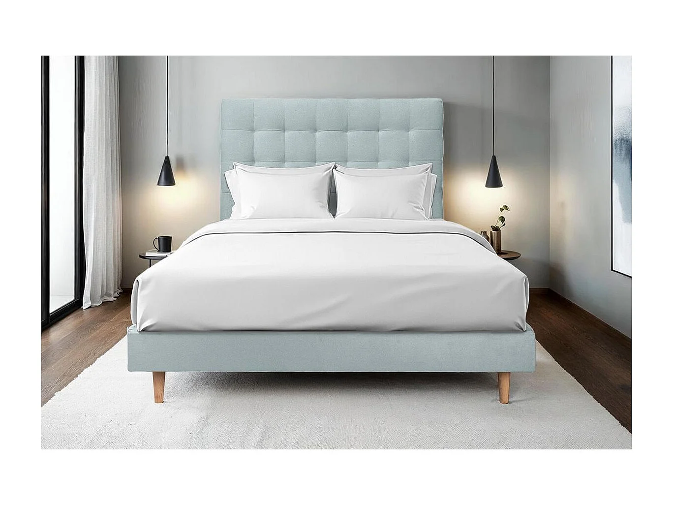 Lit 140x190cm avec tête de lit capitonnée velours et sommier kit Gris bleuté - Hauteur totale : 29cm