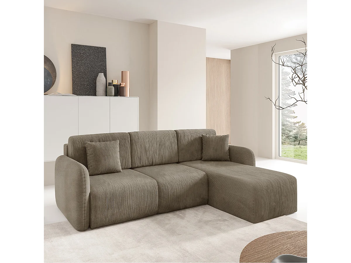 Canapé d'angle réversible et convertible 3 places avec coffre Dora Taupe