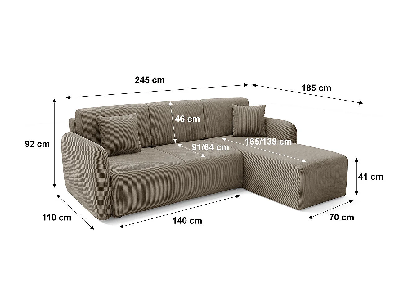 Canapé d'angle réversible et convertible 3 places avec coffre Dora Taupe