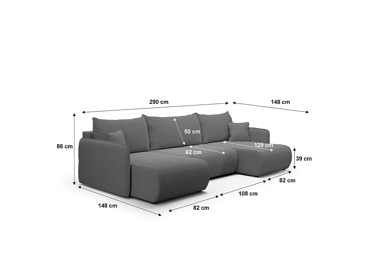 U-soffa 5 sittplatser bäddsoffa med förvaringsutrymme Claudio Mörkgrå