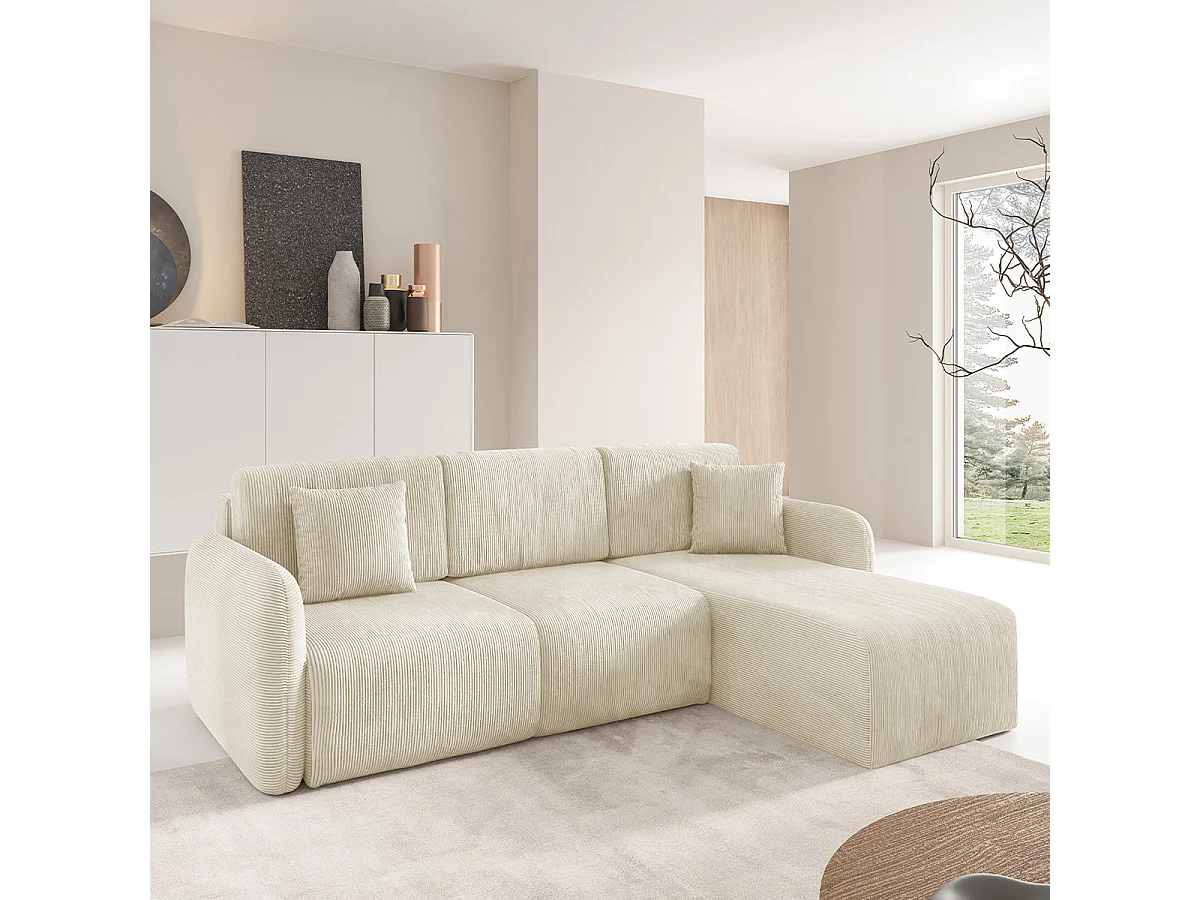 Canapé d'angle réversible et convertible 3 places avec coffre Dora Beige