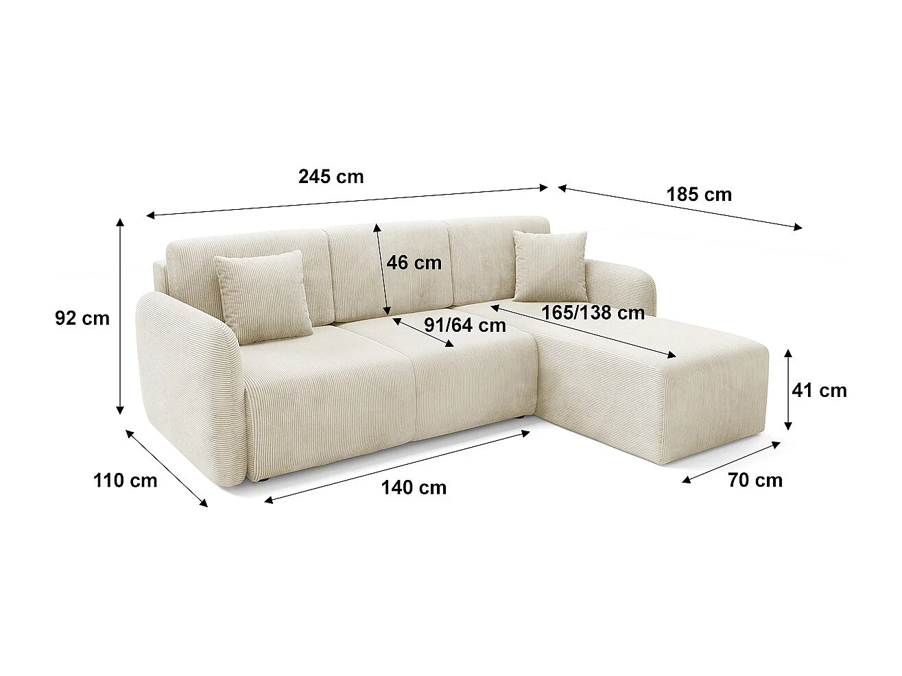 Canapé d'angle réversible et convertible 3 places avec coffre Dora Beige