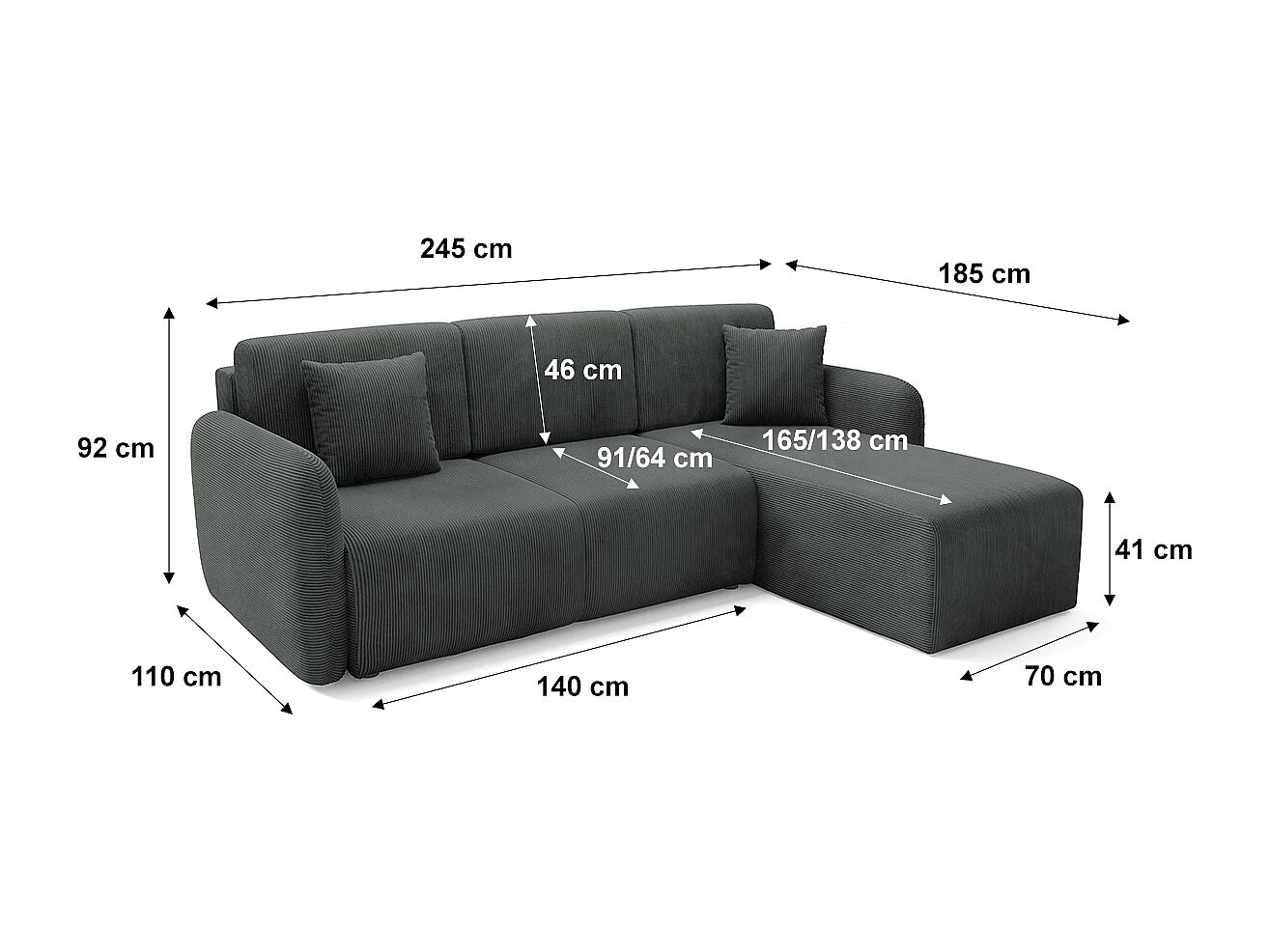 Canapé d'angle réversible et convertible 3 places avec coffre Dora Gris foncé