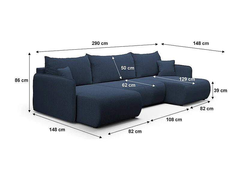 Canapé U 5 places convertible coffre Claudio Bleu foncé