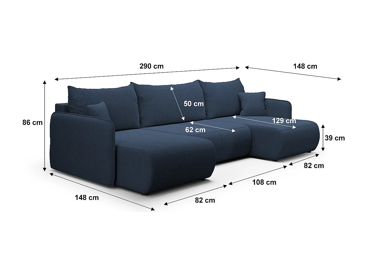 Canapé U 5 places convertible coffre Claudio Bleu foncé