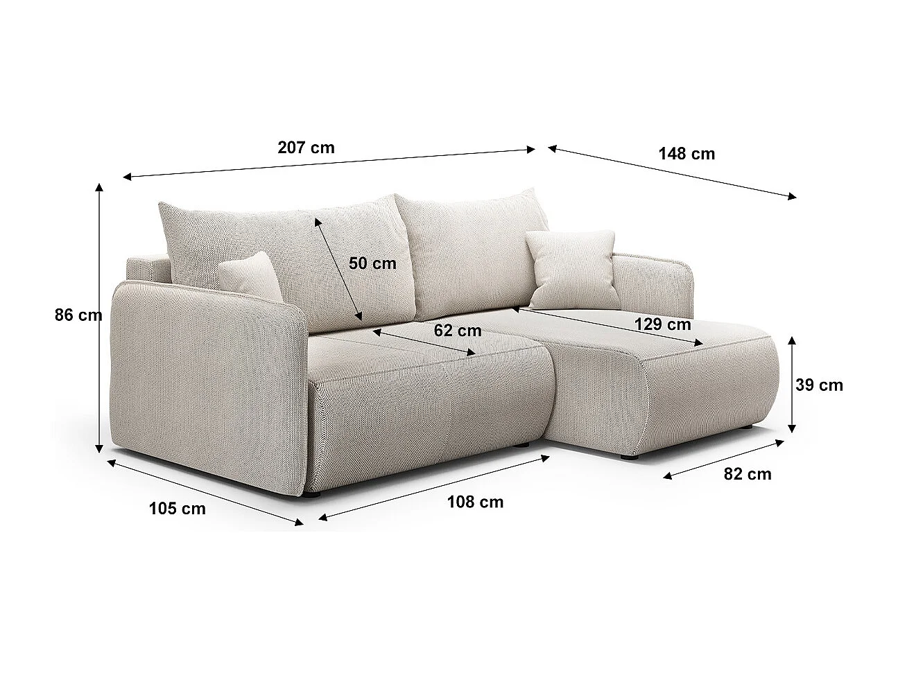Canapé d'angle réversible et convertible 3 places avec coffre Claudio Gris clair