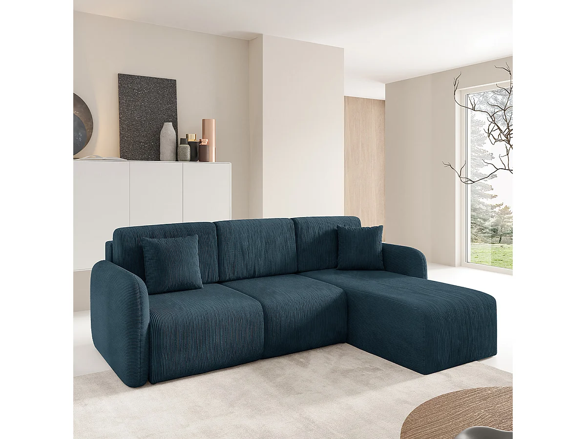 Canapé d'angle réversible et convertible 3 places avec coffre Dora Bleu foncé