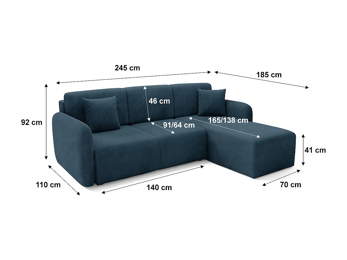 Canapé d'angle réversible et convertible 3 places avec coffre Dora Bleu foncé