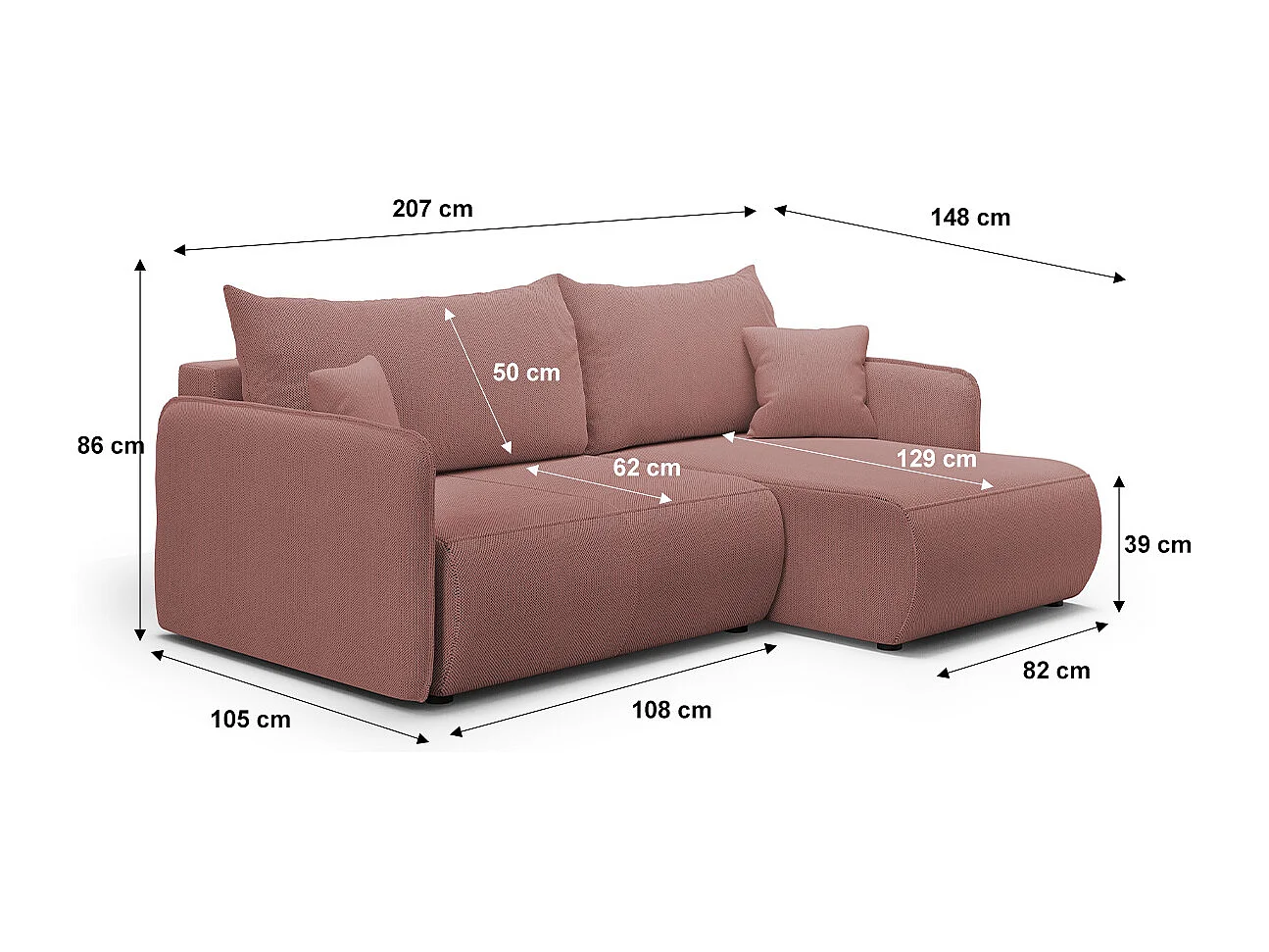 Canapé d'angle réversible et convertible 3 places avec coffre Claudio Rose