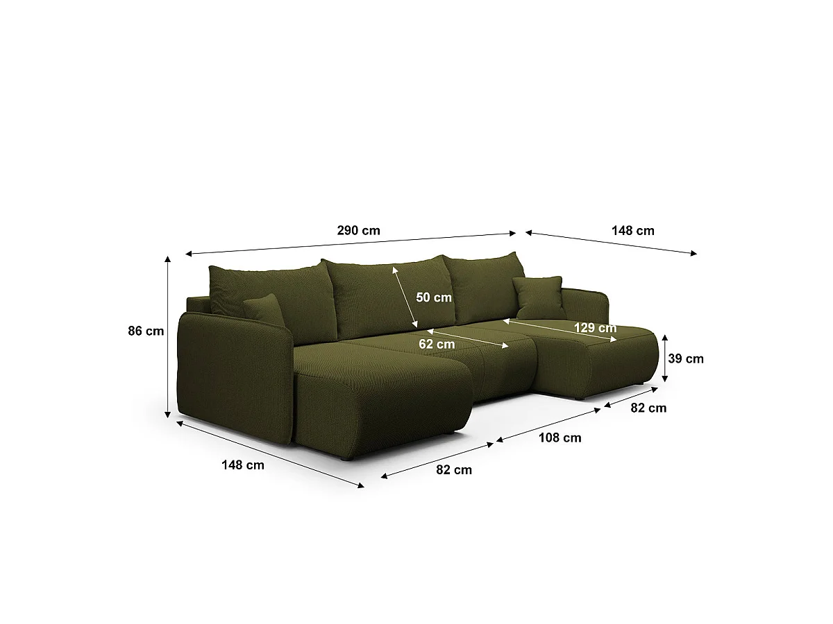 U-soffa 5 sittplatser bäddsoffa med förvaringsutrymme Claudio Grön