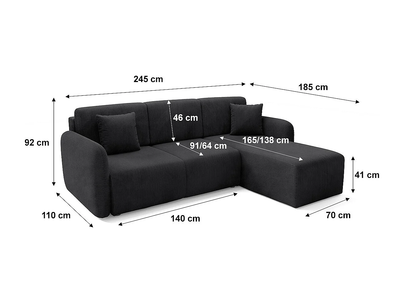 Canapé d'angle réversible et convertible 3 places avec coffre Dora Noir