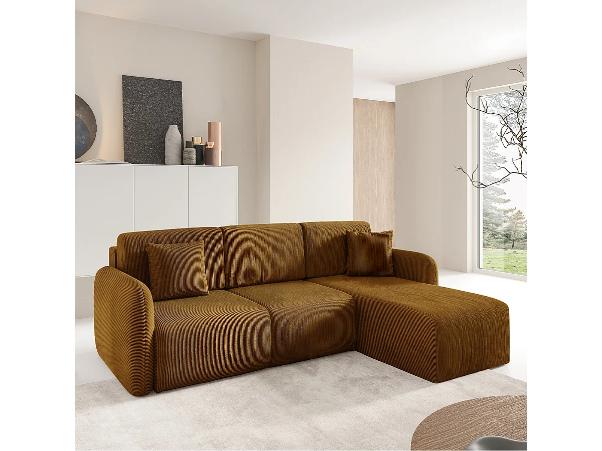 Canapé d'angle réversible et convertible 3 places avec coffre Dora Marron