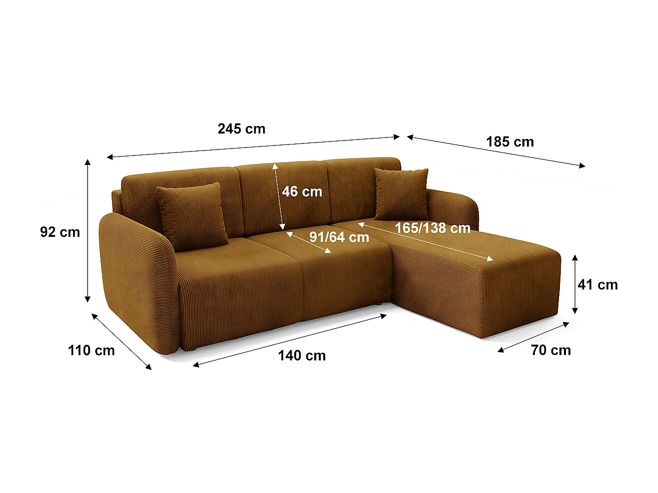 Canapé d'angle réversible et convertible 3 places avec coffre Dora Marron