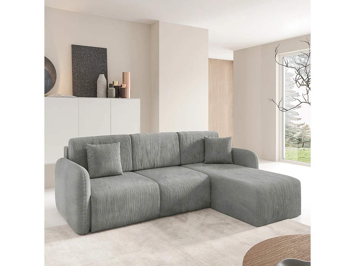 Canapé d'angle réversible et convertible 3 places avec coffre Dora Gris clair