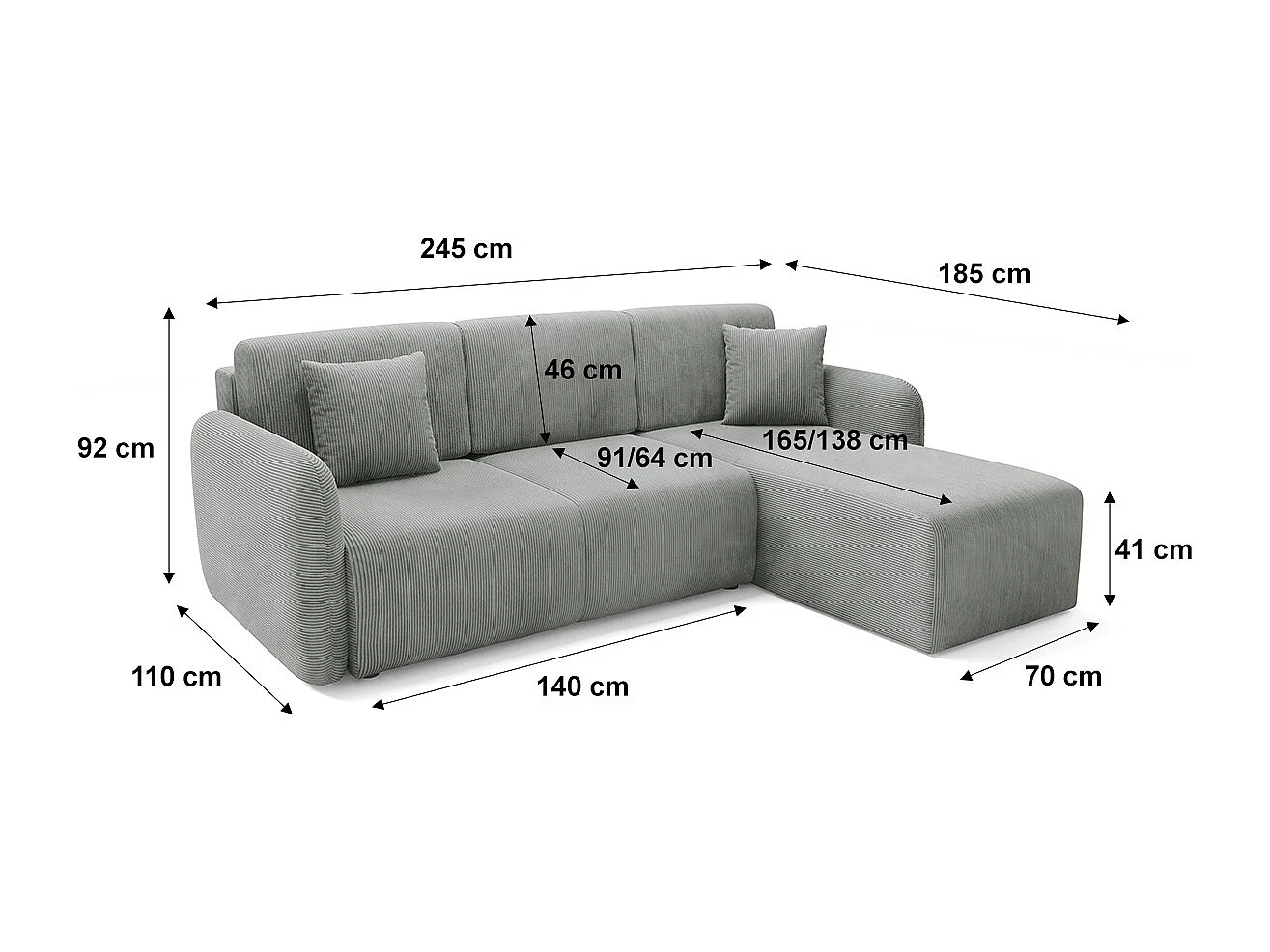 Canapé d'angle réversible et convertible 3 places avec coffre Dora Gris clair