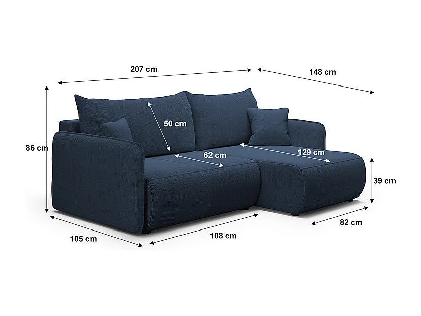 Canapé d'angle réversible et convertible 3 places avec coffre Claudio Bleu foncé