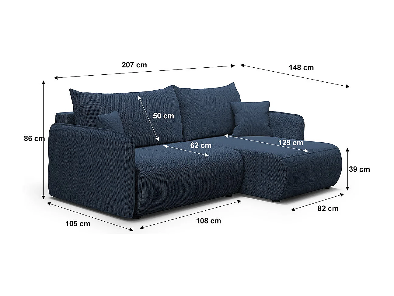Canapé d'angle réversible et convertible 3 places avec coffre Claudio Bleu foncé