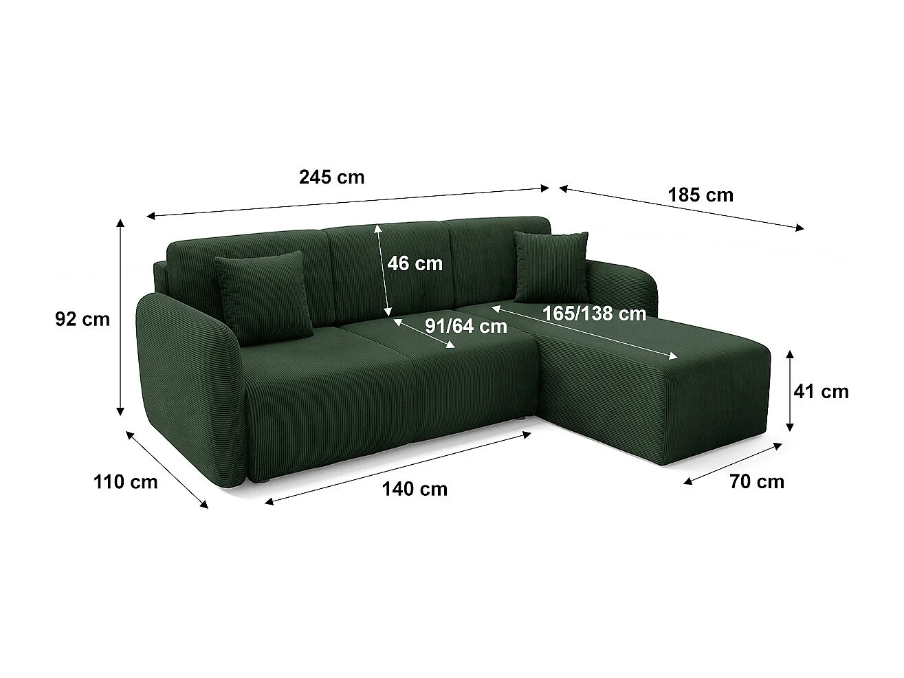Canapé d'angle réversible et convertible 3 places avec coffre Dora Vert Sapin