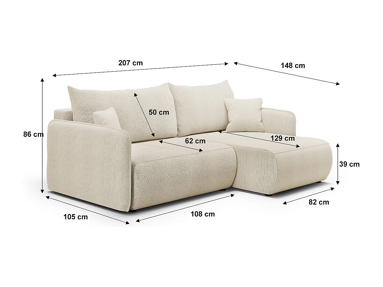 Canapé d'angle réversible et convertible 3 places avec coffre Claudio Beige