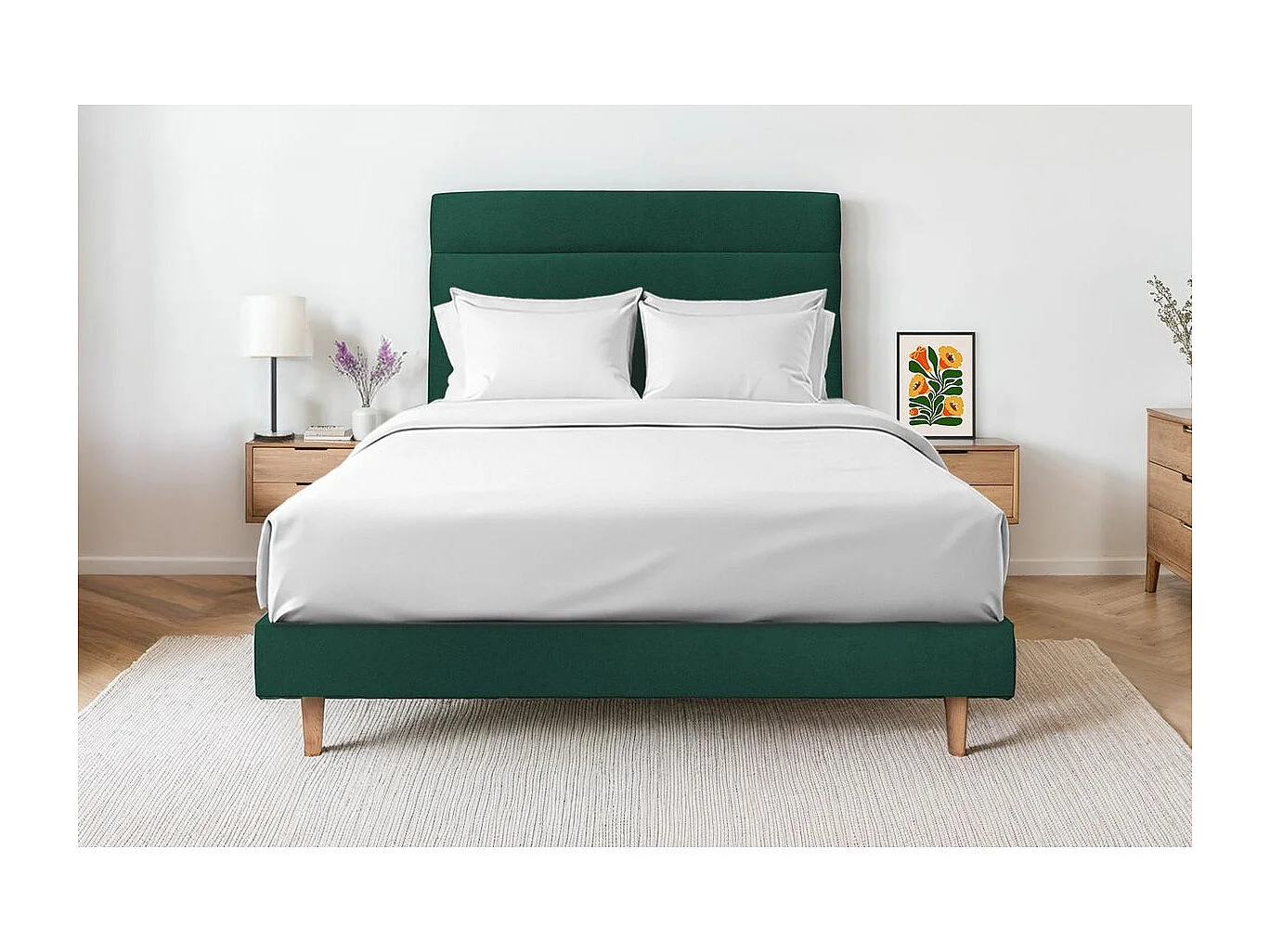 Lit 140x190cm avec tête de lit lignes velours et sommier kit vert - Hauteur totale : 29cm