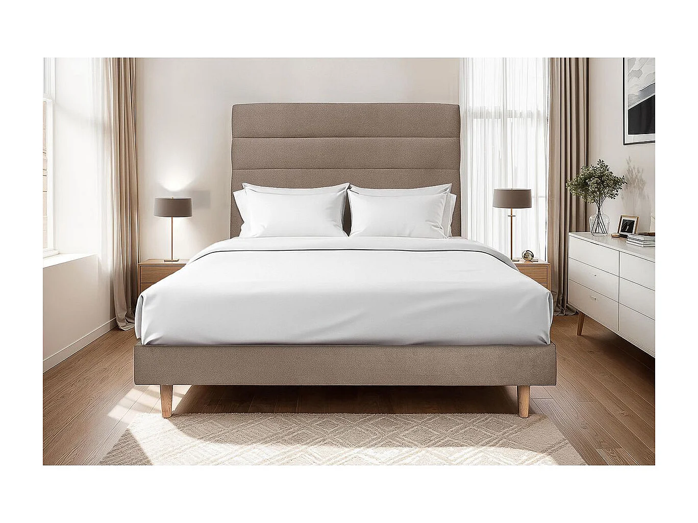 Lit 140x190cm avec tête de lit lignes velours et sommier kit taupe - Hauteur totale : 29cm