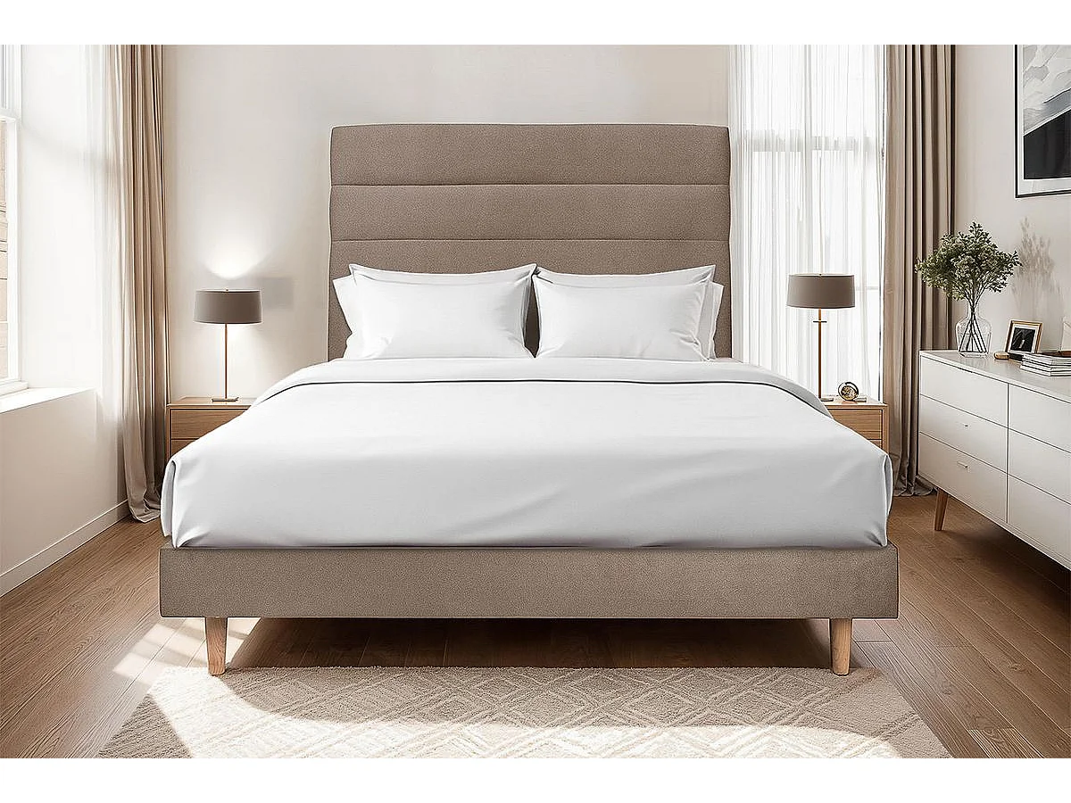 Lit 140x190cm avec tête de lit lignes velours et sommier kit taupe - Hauteur totale : 29cm