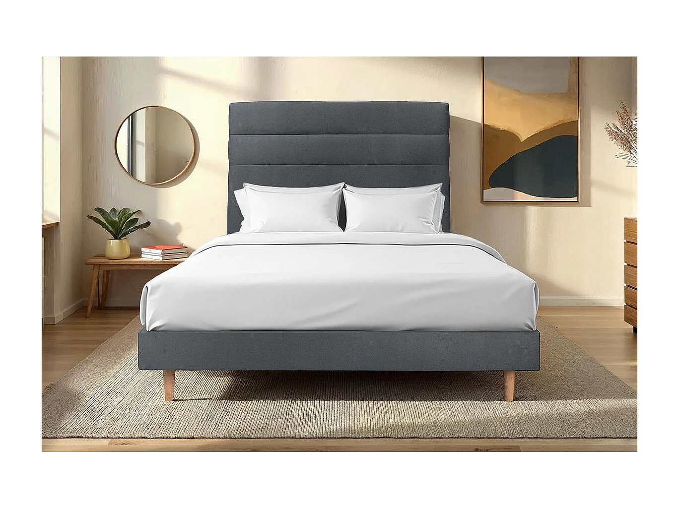 Lit 140x190cm avec tête de lit lignes velours et sommier kit gris anthracite - Hauteur totale : 29cm
