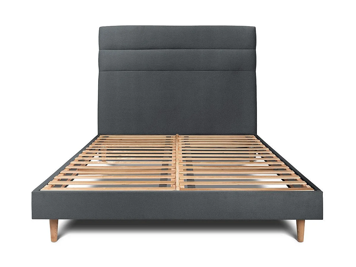 Lit 140x190cm avec tête de lit lignes velours et sommier kit gris anthracite - Hauteur totale : 29cm