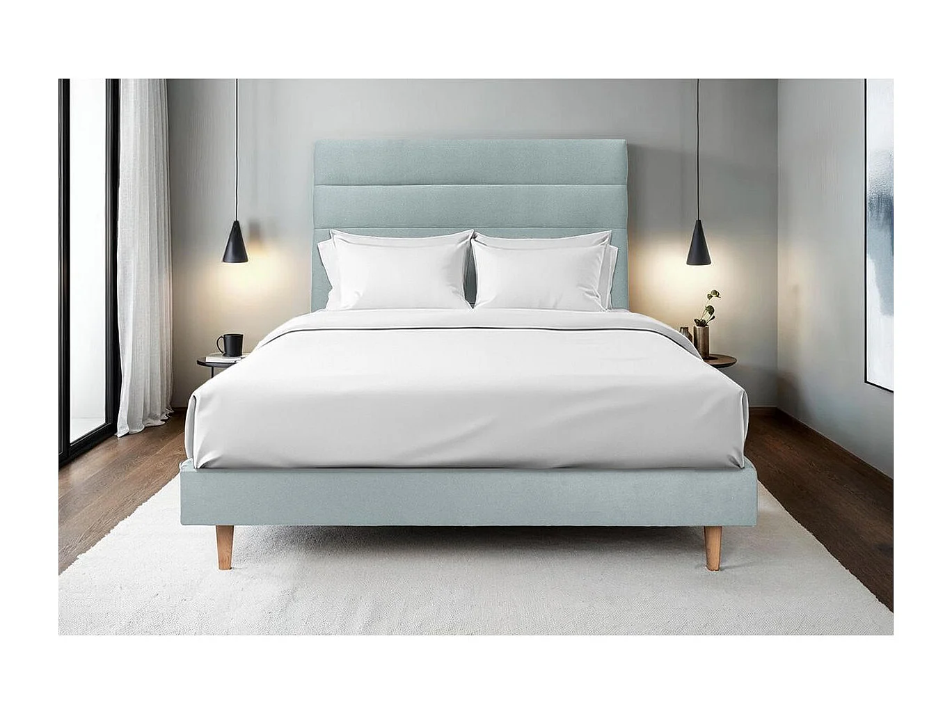 Lit 140x190cm avec tête de lit lignes velours et sommier kit Gris bleuté - Hauteur totale : 29cm