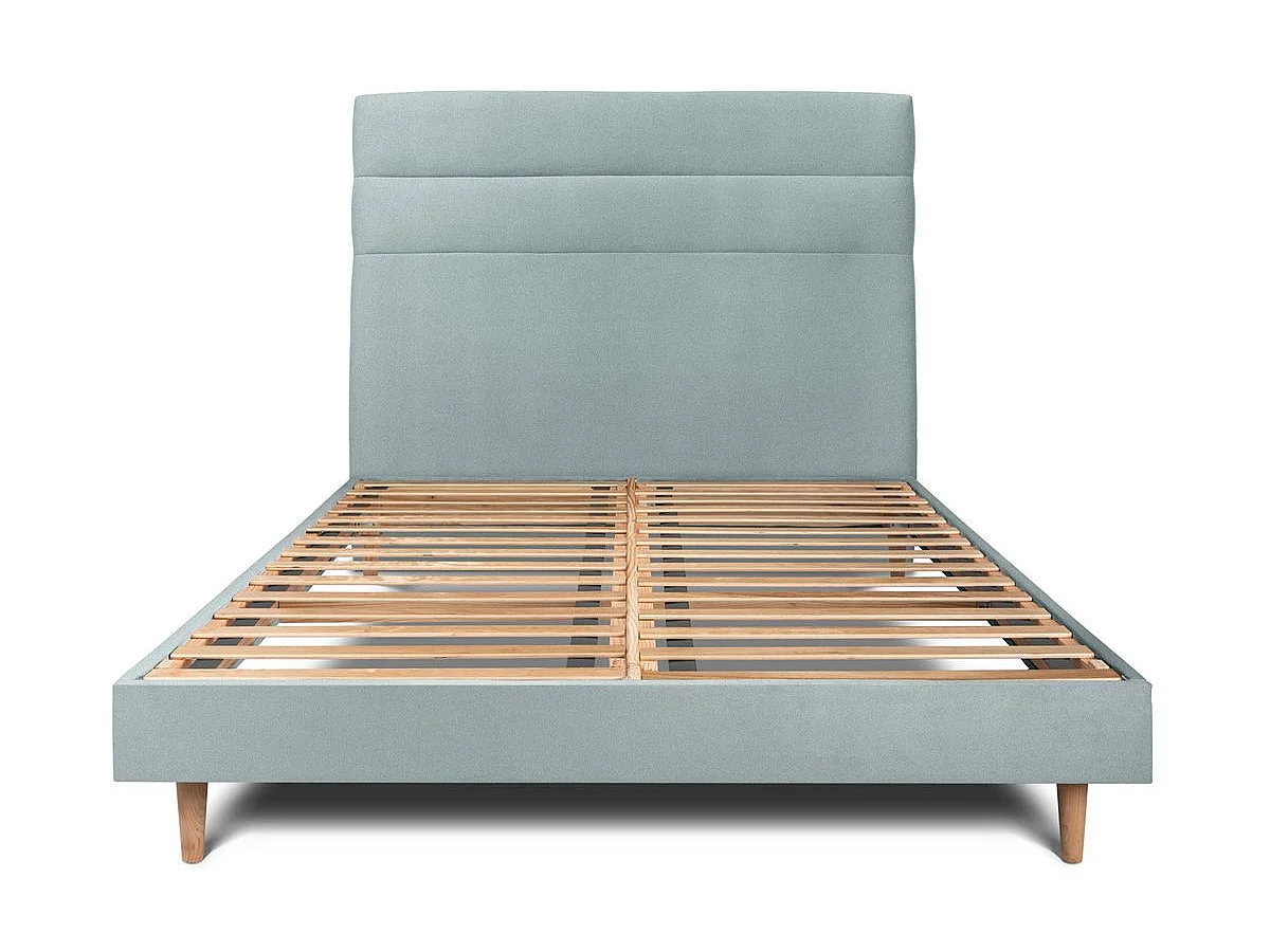 Lit 140x190cm avec tête de lit lignes velours et sommier kit Gris bleuté - Hauteur totale : 29cm