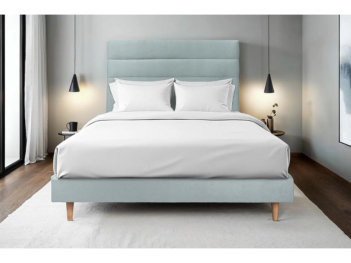 Lit 140x190cm avec tête de lit lignes velours et sommier kit Gris bleuté - Hauteur totale : 29cm